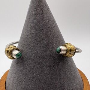 Sterling Silver Mexico Green Stone Twisted Cable Rope Cuff Bracelet Flexible